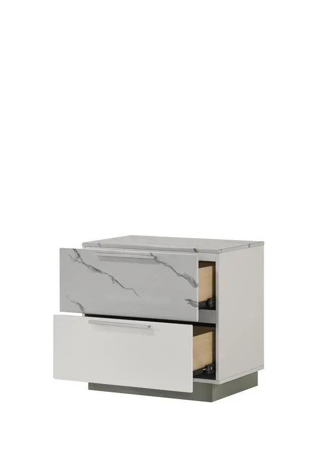 Alt view image 3 of 5 - Mist Nightstand Two-Tone High-Gloss Marble & Lacquer Finish With Two Drawers, Velvet-Lined Interior, And A Compact Elegant Design