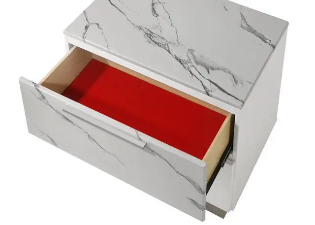 Alt view image 4 of 5 - Mist Nightstand Two-Tone High-Gloss Marble & Lacquer Finish With Two Drawers, Velvet-Lined Interior, And A Compact Elegant Design