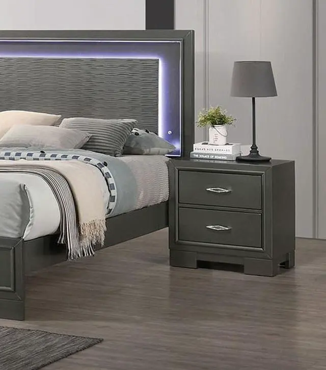 Alt view image 2 of 6 - Metallic Gray Color Nightstand Bedroom 1Pc Nightstand Solid Wood Acrylic Hardware 2-Drawers Bedside Table