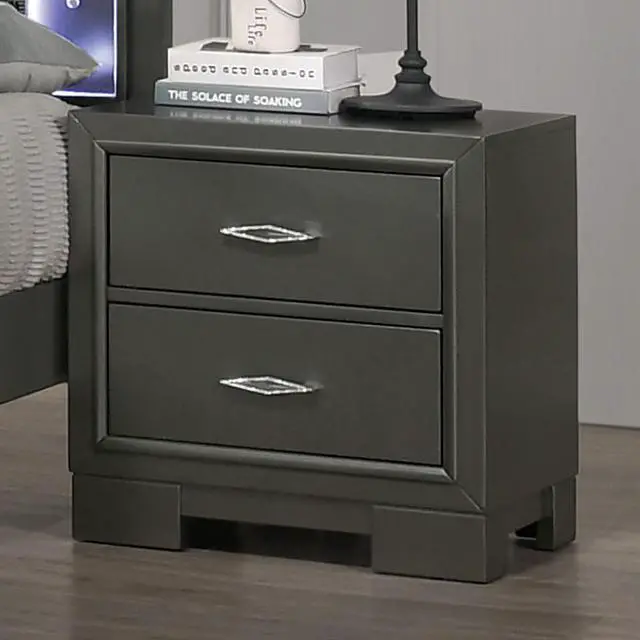 Main image of Metallic Gray Color Nightstand Bedroom 1Pc Nightstand Solid Wood Acrylic Hardware 2-Drawers Bedside Table