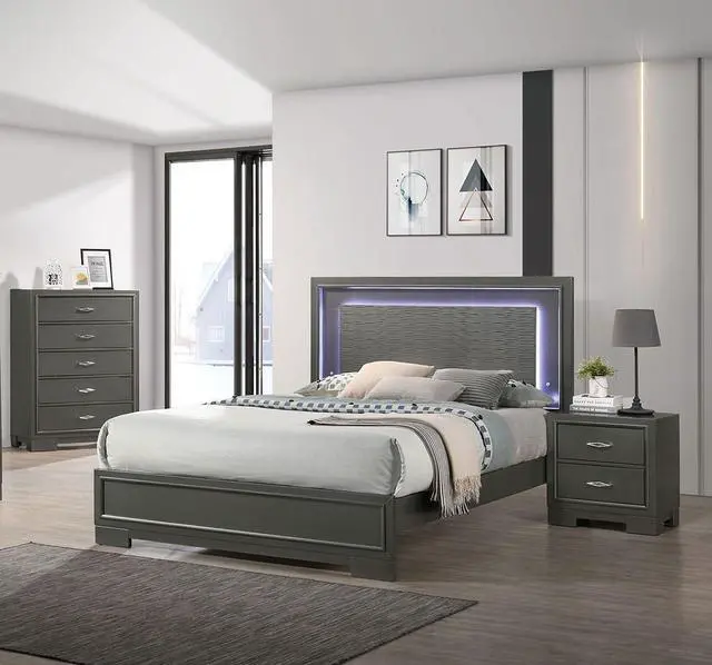 Alt view image 6 of 6 - Metallic Gray Color Nightstand Bedroom 1Pc Nightstand Solid Wood Acrylic Hardware 2-Drawers Bedside Table