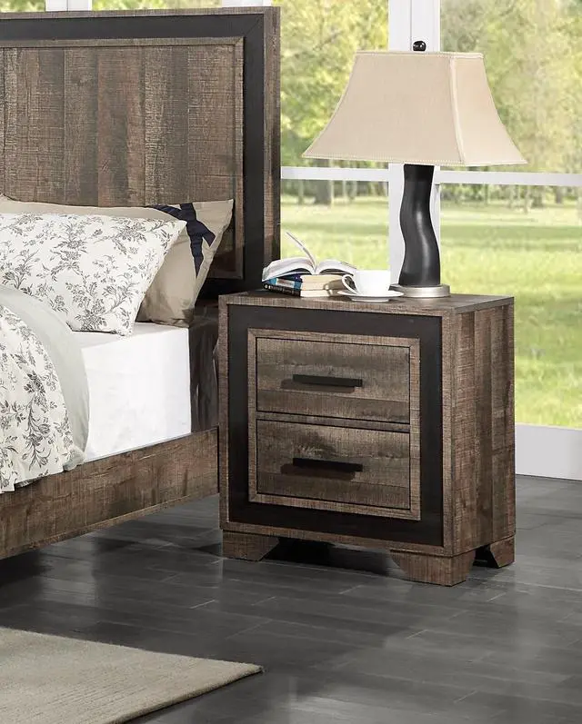 Main image of Oak Finish 1Pc Nightstand Paper Veneer Bedroom Furniture 2-Drawers Bedside Table