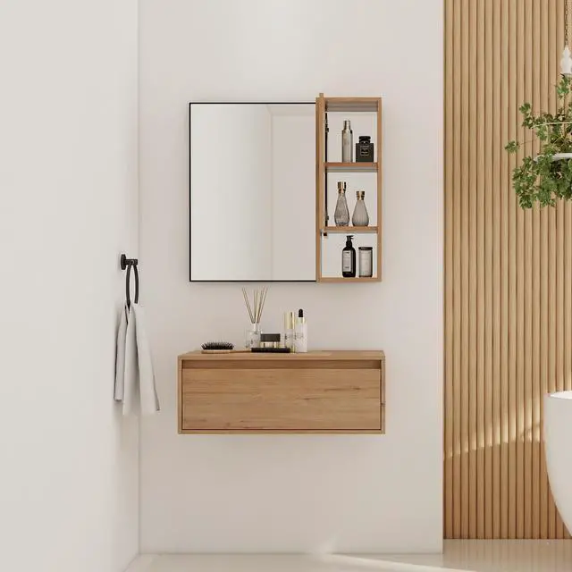 Alt view image 2 of 7 - 30'' Dressing Table With Mirror,Wall Mounted Storage Mirror Cabinet with Soft Close Door,Black Aluminum Frame Mirror&Cabinet