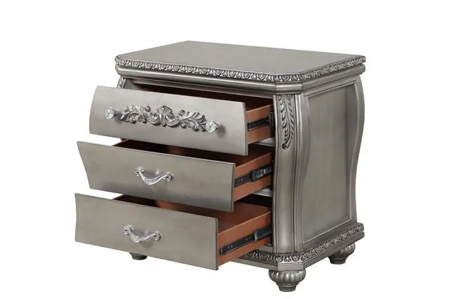 Alt view image 3 of 3 - Destiny Traditional Style 3-Drawer Night Stand With Metal Drawer Pulls Made With Wood In Silver