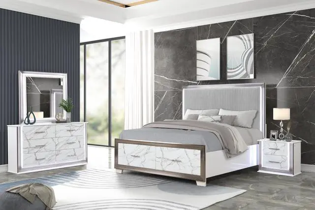 Alt view image 5 of 5 - Desire Nightstand Marble-Inspired Drawer Fronts, Led Side Lighting, And Metallic Trim For Glamorous And Practical Bedside Storage