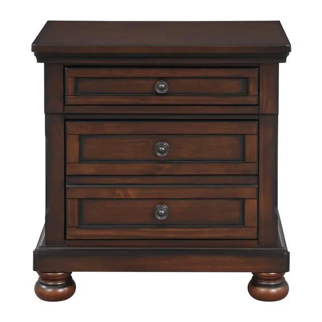 Alt view image 2 of 7 - Classic Transitional Nightstand Brown Cherry Finish Birch Veneer Hidden Drawer Bun Feet Bedroom Furniture