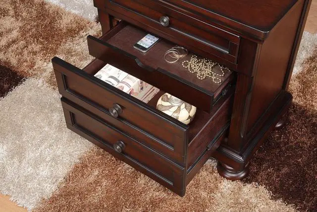 Alt view image 3 of 7 - Classic Transitional Nightstand Brown Cherry Finish Birch Veneer Hidden Drawer Bun Feet Bedroom Furniture