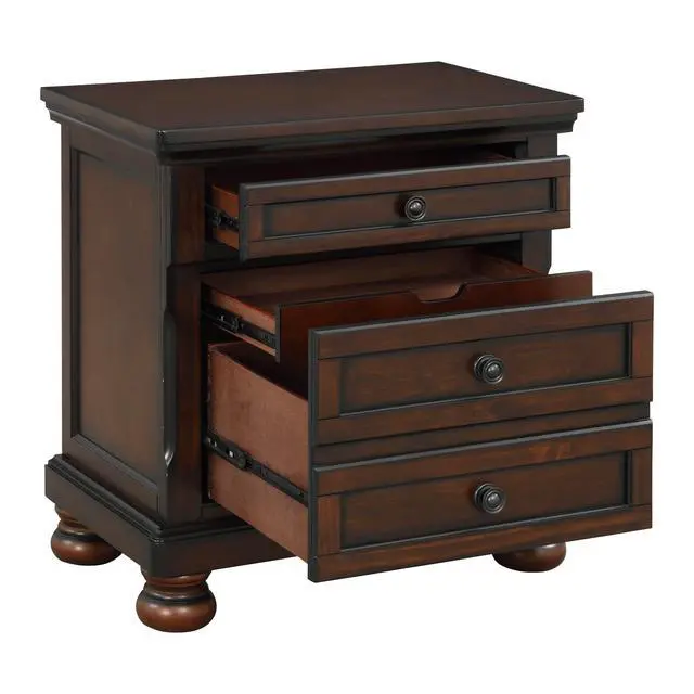 Alt view image 4 of 7 - Classic Transitional Nightstand Brown Cherry Finish Birch Veneer Hidden Drawer Bun Feet Bedroom Furniture