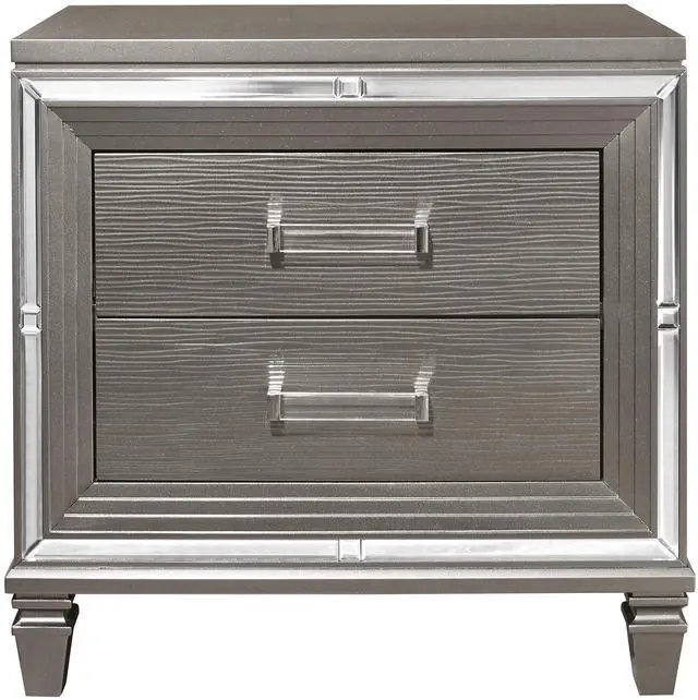 Main image of Elegant Style Silver-Gray Metallic Finish Nightstand Beveled Mirror Trim Dovetail Drawers Wooden Furniture