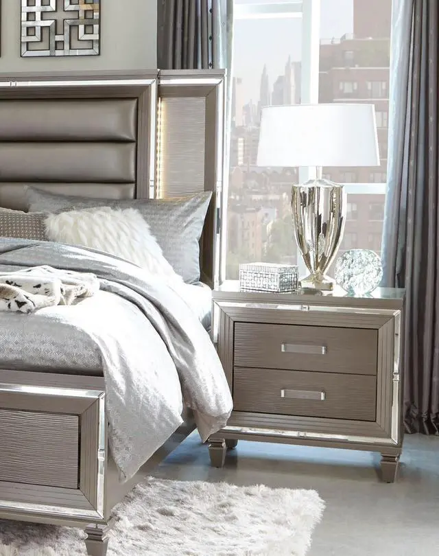 Alt view image 4 of 7 - Elegant Style Silver-Gray Metallic Finish Nightstand Beveled Mirror Trim Dovetail Drawers Wooden Furniture