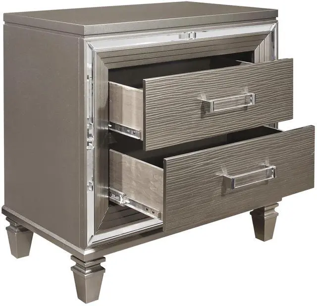 Alt view image 3 of 7 - Elegant Style Silver-Gray Metallic Finish Nightstand Beveled Mirror Trim Dovetail Drawers Wooden Furniture