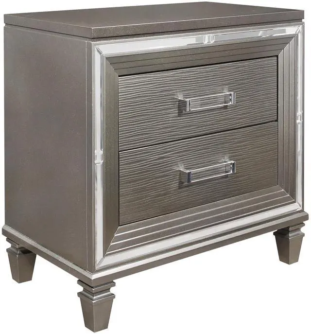 Alt view image 2 of 7 - Elegant Style Silver-Gray Metallic Finish Nightstand Beveled Mirror Trim Dovetail Drawers Wooden Furniture