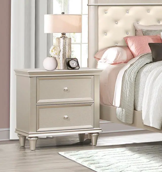 Main image of Silver Finish 1pc Nightstand of Textural Drawer Fronts Polished Knobs Modern Traditional Bedroom Furniture