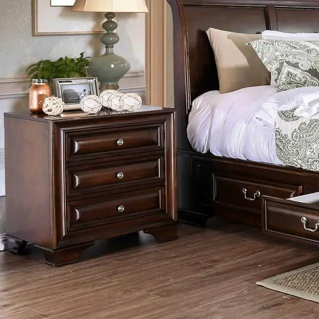 Alt view image 2 of 7 - Brown Cherry Solid Wood 1Pc Nightstand Nickel Round Knob Transitional Style 3-Drawers Nightstand W Under Nightlight