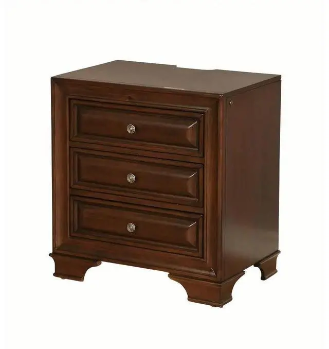 Alt view image 3 of 7 - Brown Cherry Solid Wood 1Pc Nightstand Nickel Round Knob Transitional Style 3-Drawers Nightstand W Under Nightlight