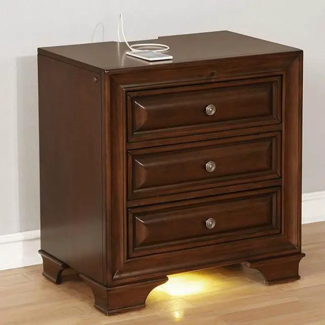 Alt view image 6 of 7 - Brown Cherry Solid Wood 1Pc Nightstand Nickel Round Knob Transitional Style 3-Drawers Nightstand W Under Nightlight