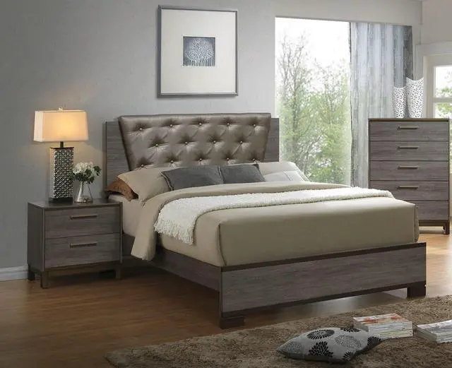 Alt view image 7 of 7 - Contemporary 1Pc Nightstand Two Tone Antique Gray Bedroom Furniture Nightstand Center Metal Glides Brass Bar Pulls
