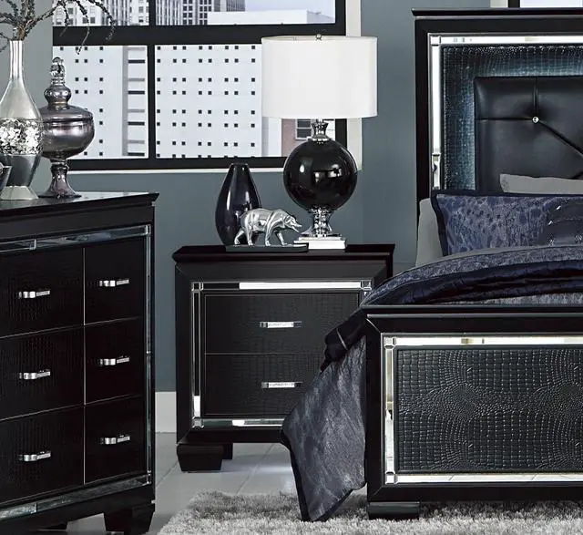 Alt view image 5 of 7 - Glamourous Black Finish 1Pc Nightstand 2X Dovetail Drawers Faux Alligator Embossed Fronts Bedroom Furniture