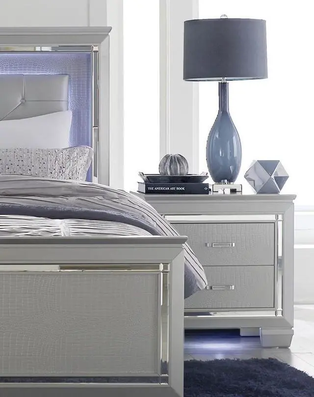 Alt view image 5 of 7 - Glamourous Silver Finish 1Pc Nightstand 2X Dovetail Drawers Faux Alligator Embossed Fronts Bedroom Furniture
