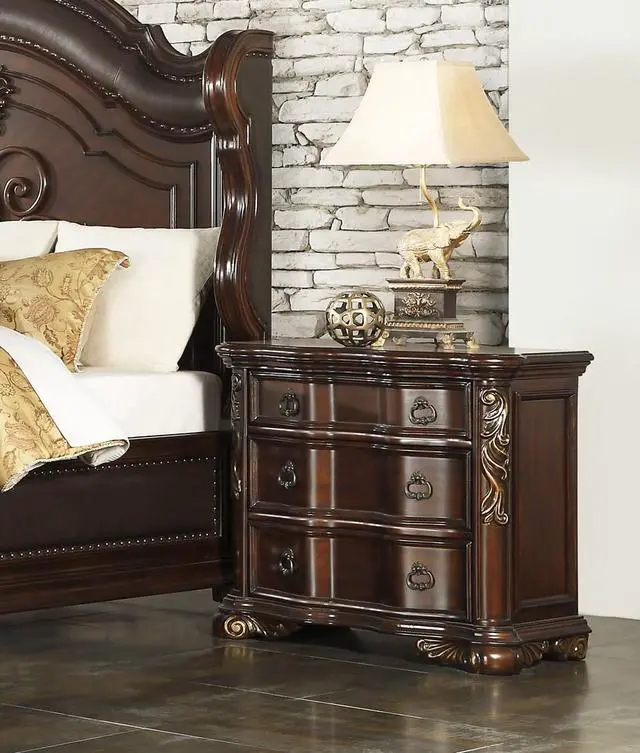 Main image of Royal Bedroom Cherry Finish Nightstand Of 3 Drawers Ring Pulls Traditional Home Furniture