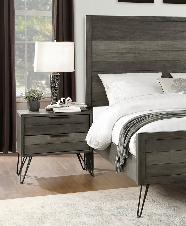 Alt view image 3 of 5 - Contemporary Three-Tone Gray Finish Nightstand Perched Atop Metal Legs Acacia Veneer Modern Bedroom Furniture