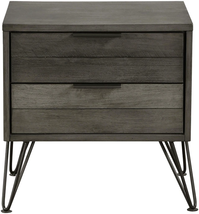 Alt view image 2 of 5 - Contemporary Three-Tone Gray Finish Nightstand Perched Atop Metal Legs Acacia Veneer Modern Bedroom Furniture