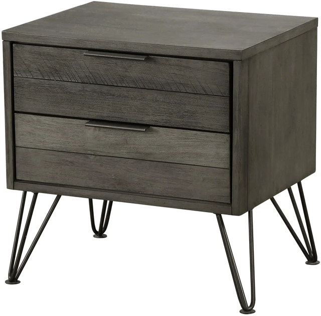 Main image of Contemporary Three-Tone Gray Finish Nightstand Perched Atop Metal Legs Acacia Veneer Modern Bedroom Furniture