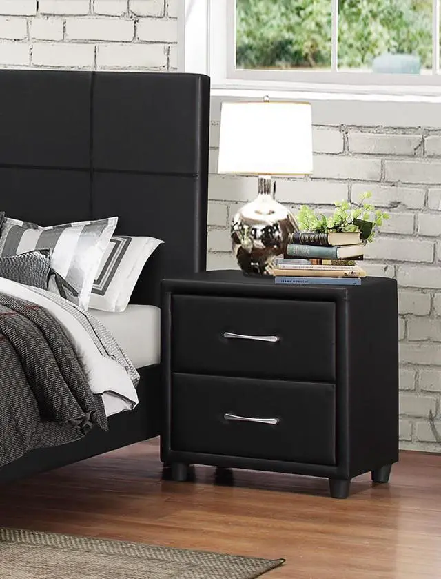Main image of Contemporary Durable Black Faux Leather Covering 1Pc Nightstand Of Drawers Silver Tone Bar Pulls Stylish Furniture