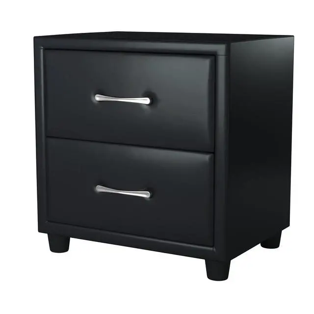Alt view image 6 of 7 - Contemporary Durable Black Faux Leather Covering 1Pc Nightstand Of Drawers Silver Tone Bar Pulls Stylish Furniture