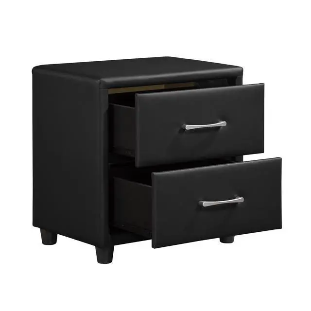 Alt view image 5 of 7 - Contemporary Durable Black Faux Leather Covering 1Pc Nightstand Of Drawers Silver Tone Bar Pulls Stylish Furniture
