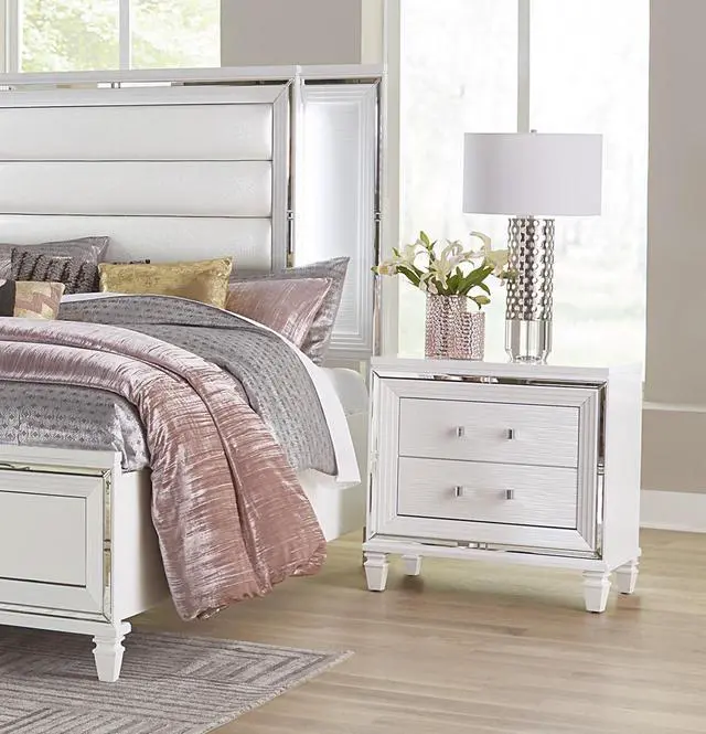 Alt view image 6 of 7 - Glamorous White Silver Finish 1Pc Nightstand Of 2X Drawers Acrylic Bar Pulls Stylish Bedroom Furniture