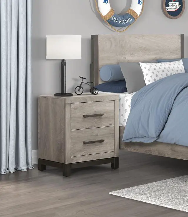Alt view image 6 of 7 - Attractive Gray Finish 1Pc Nightstand Of 2X Drawers Metal Bar Hardware Premium Melamine Board Wooden Bedroom Furniture