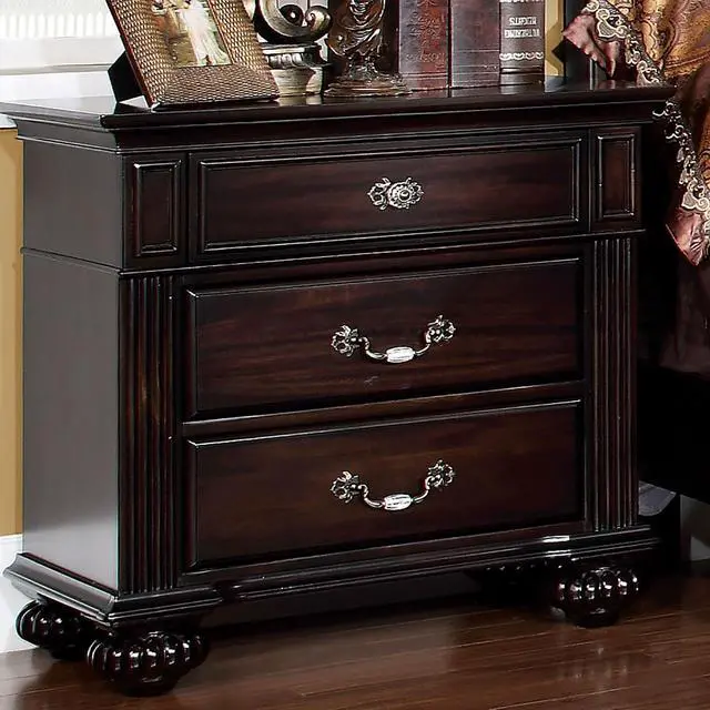 Main image of 1Pc Nightstand Only Traditional Dark Walnut Solid Wood 3-Drawers Ball Bearing Metal Glides Antique Brass Handles W/ Acrylic Accent Bedroom Furniture