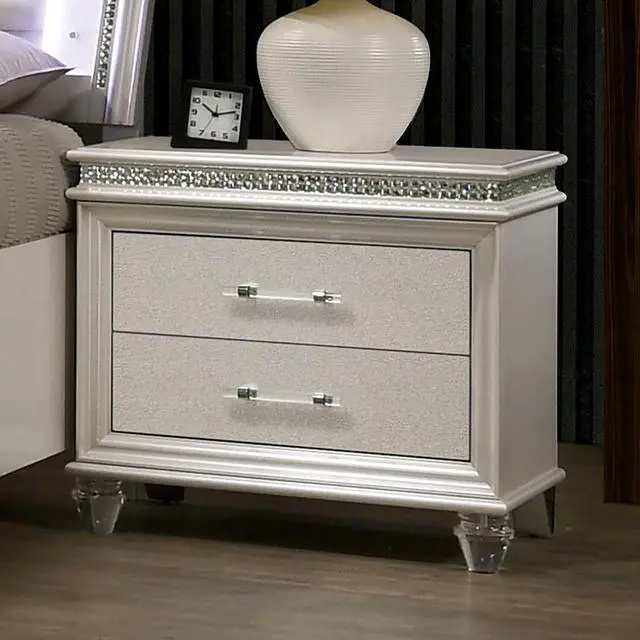 Main image of Classic Pearl White 1pc Nightstand Only Contemporary Solid wood 2-Drawers Felt-lined Top English Dovetail Acrylic Legs & Pull Handle
