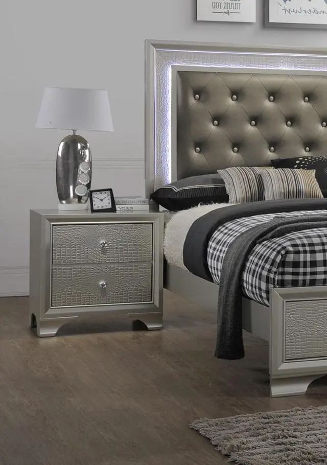Alt view image 2 of 7 - 1Pc Modern Glam Style Champagne Finish Two Drawer Nightstand Embossed Crocodile Pattern