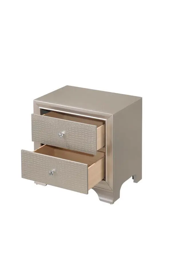 Alt view image 4 of 7 - 1Pc Modern Glam Style Champagne Finish Two Drawer Nightstand Embossed Crocodile Pattern