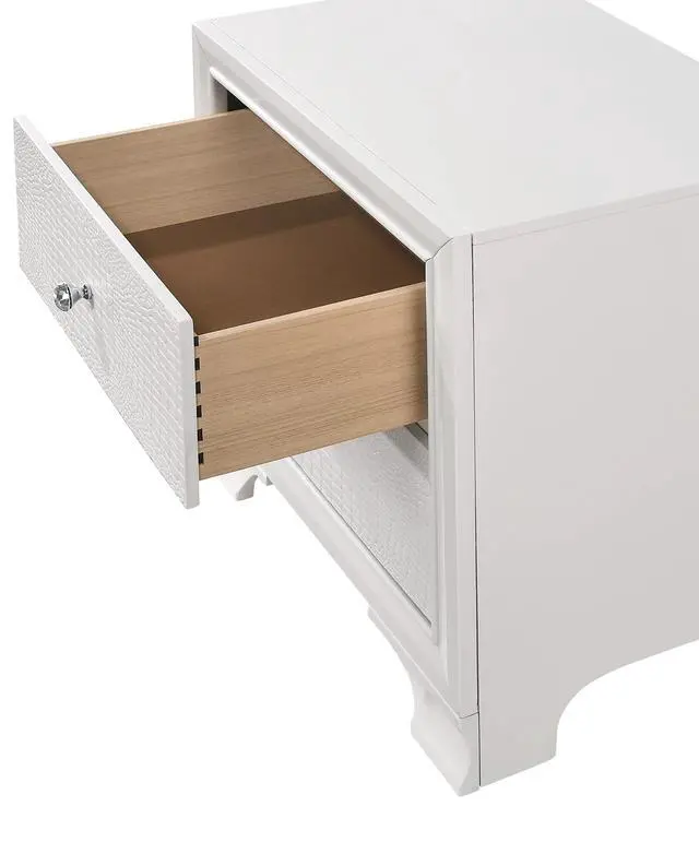 Alt view image 3 of 6 - 1pc Modern Glam Style Crisp White Finish Two Drawer Nightstand Embossed Crocodile Pattern