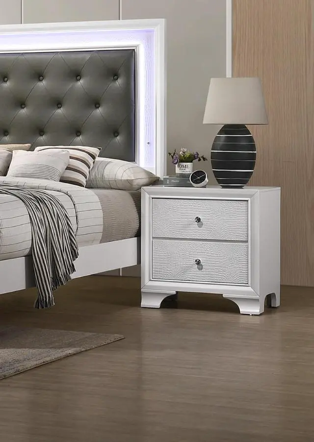 Main image of 1pc Modern Glam Style Crisp White Finish Two Drawer Nightstand Embossed Crocodile Pattern