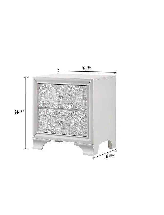 Alt view image 5 of 6 - 1pc Modern Glam Style Crisp White Finish Two Drawer Nightstand Embossed Crocodile Pattern