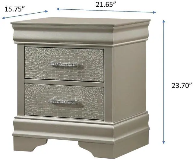 Alt view image 5 of 6 - 1Pc Modern Glam Style Two Drawers Nightstand Champagne Finish Solid Wood Crystal-Like Diamond Tufted Crocodile Texture Bedroom Furniture