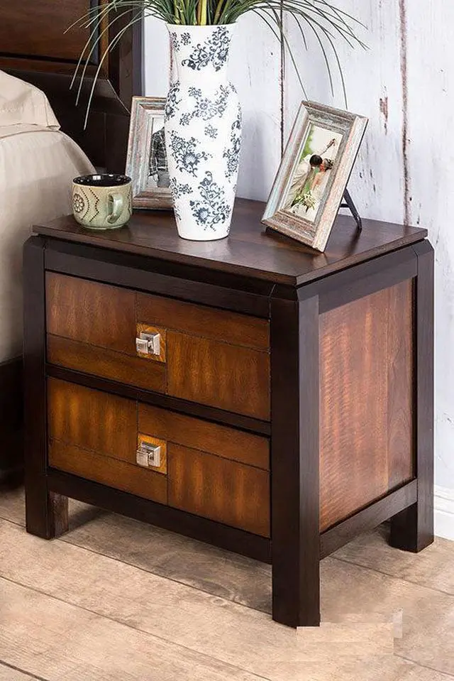 Alt view image 3 of 7 - Acacia Walnut 1Pc Nightstand Only Transitional Solid Wood 2-Drawers Square Chrome Knobs Multitone Unique Nightstand