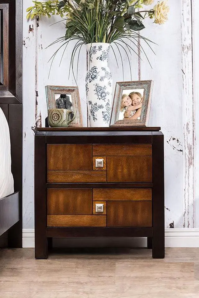Alt view image 4 of 7 - Acacia Walnut 1Pc Nightstand Only Transitional Solid Wood 2-Drawers Square Chrome Knobs Multitone Unique Nightstand