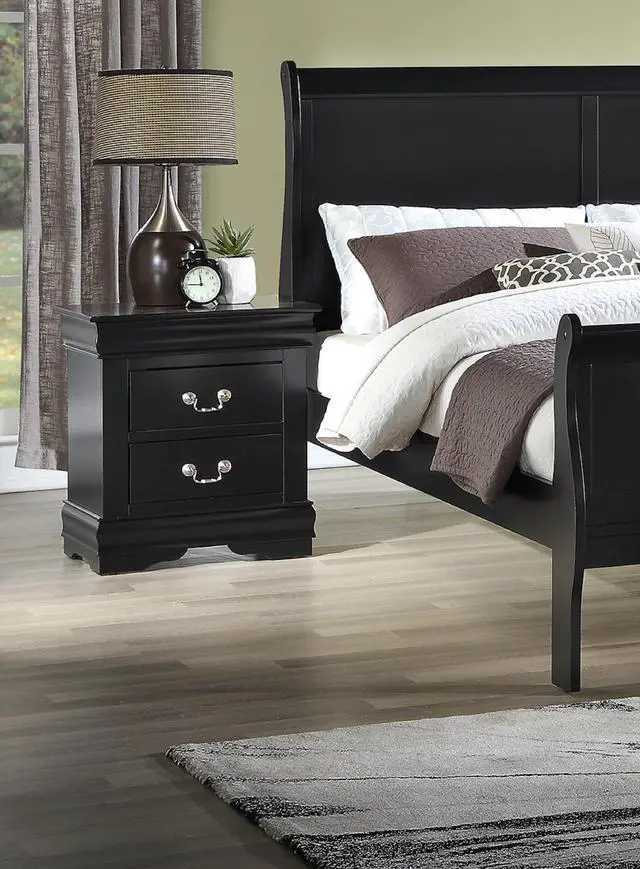 Alt view image 2 of 6 - 1pc Black Finish Two Drawers Louis Philip Nightstand Solid Wood Contemporary & Simple Style