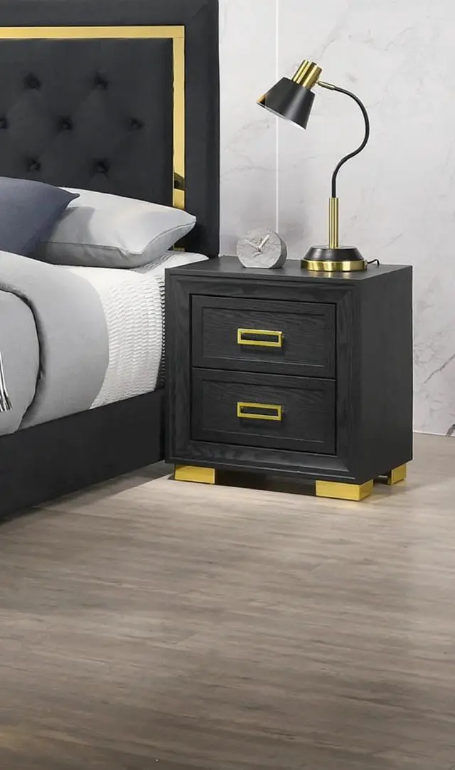 Main image of Glamorous 1Pc Modern Glam Style 2-Drawer Nightstand Black Gold Finish Gold-Colored Hardware Bedroom Furniture