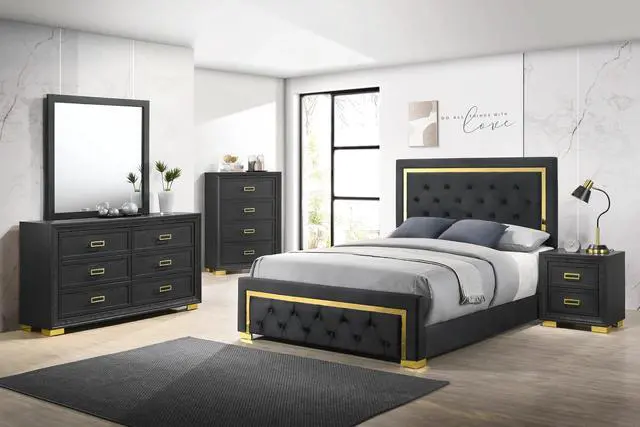 Alt view image 5 of 5 - Glamorous 1Pc Modern Glam Style 2-Drawer Nightstand Black Gold Finish Gold-Colored Hardware Bedroom Furniture