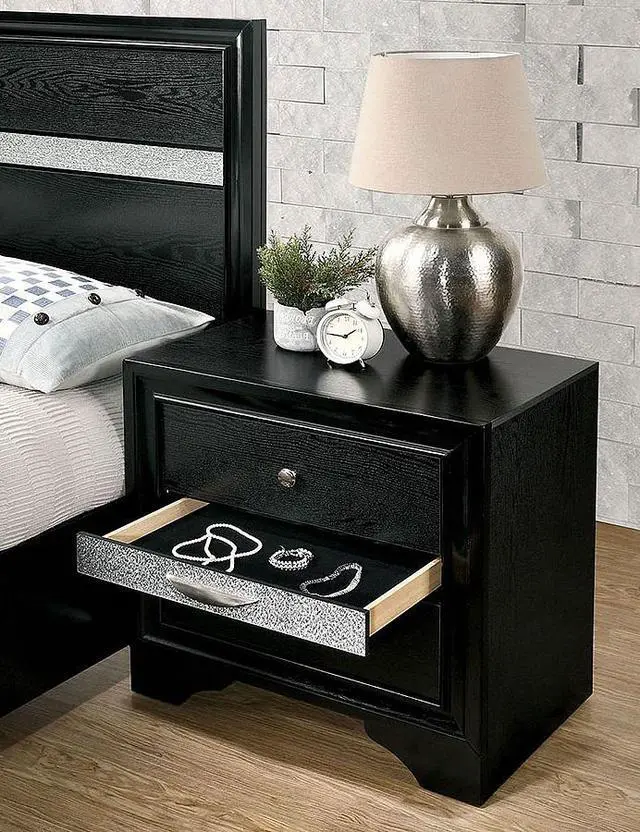 Alt view image 6 of 7 - Contemporary 1Pc Nightstand Black Finish Silver Accents Hidden Jewelry Drawer Nickel Round Knob Bedside Table Bedroom Furniture