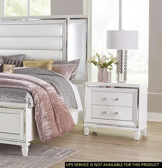 Main image of Glamorous White Silver Finish 1Pc Nightstand Of 2X Drawers Acrylic Bar Pulls Stylish Bedroom Furniture