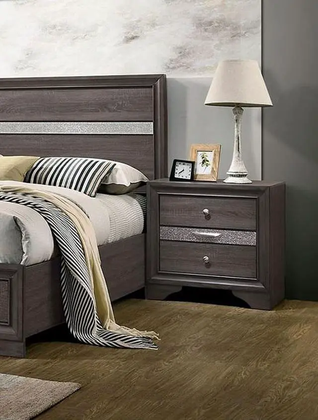 Alt view image 3 of 7 - Contemporary 1Pc Nightstand Gray Finish Silver Accents Hidden Jewelry Drawer Nickel Round Knob Bedside Table Bedroom Furniture