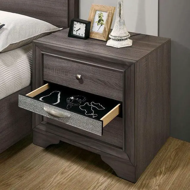 Alt view image 5 of 7 - Contemporary 1Pc Nightstand Gray Finish Silver Accents Hidden Jewelry Drawer Nickel Round Knob Bedside Table Bedroom Furniture