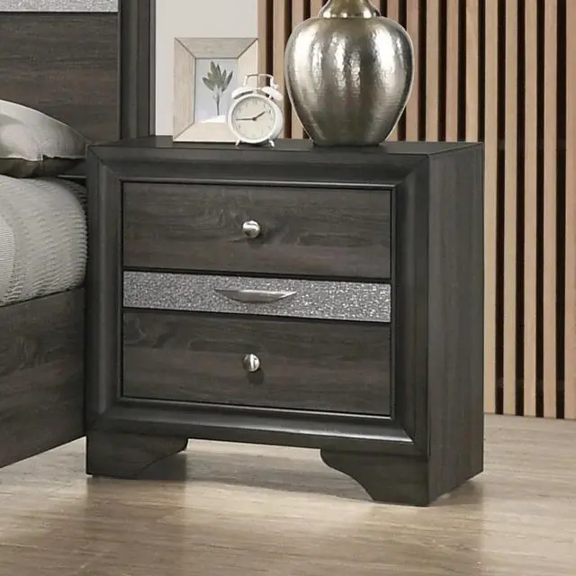 Alt view image 2 of 7 - Contemporary 1Pc Nightstand Gray Finish Silver Accents Hidden Jewelry Drawer Nickel Round Knob Bedside Table Bedroom Furniture
